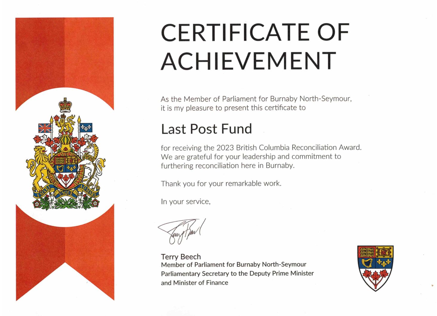 Read more about the article BC Branch recognized by and new Minister of Citizen Services and former Parliamentary Secretary Terry Beech for being awarded the British Columbia Reconciliation Award.